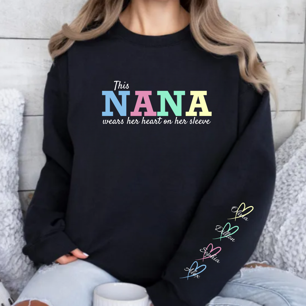 Nana Or Mama Sweatshirt| Personalize Up To 8 Kids Names On Sleeve| Personalized Gift For Nana And Mom