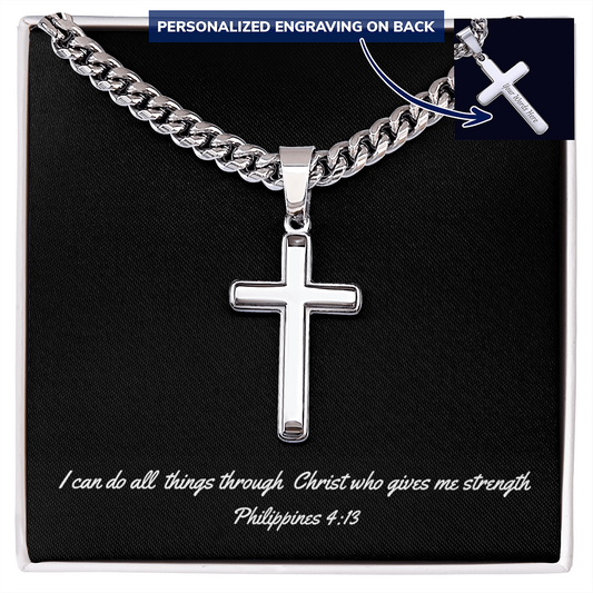 Personalized Cross Necklace | With Cuban Link Chain | BW | Message Card | I Can Do All Things